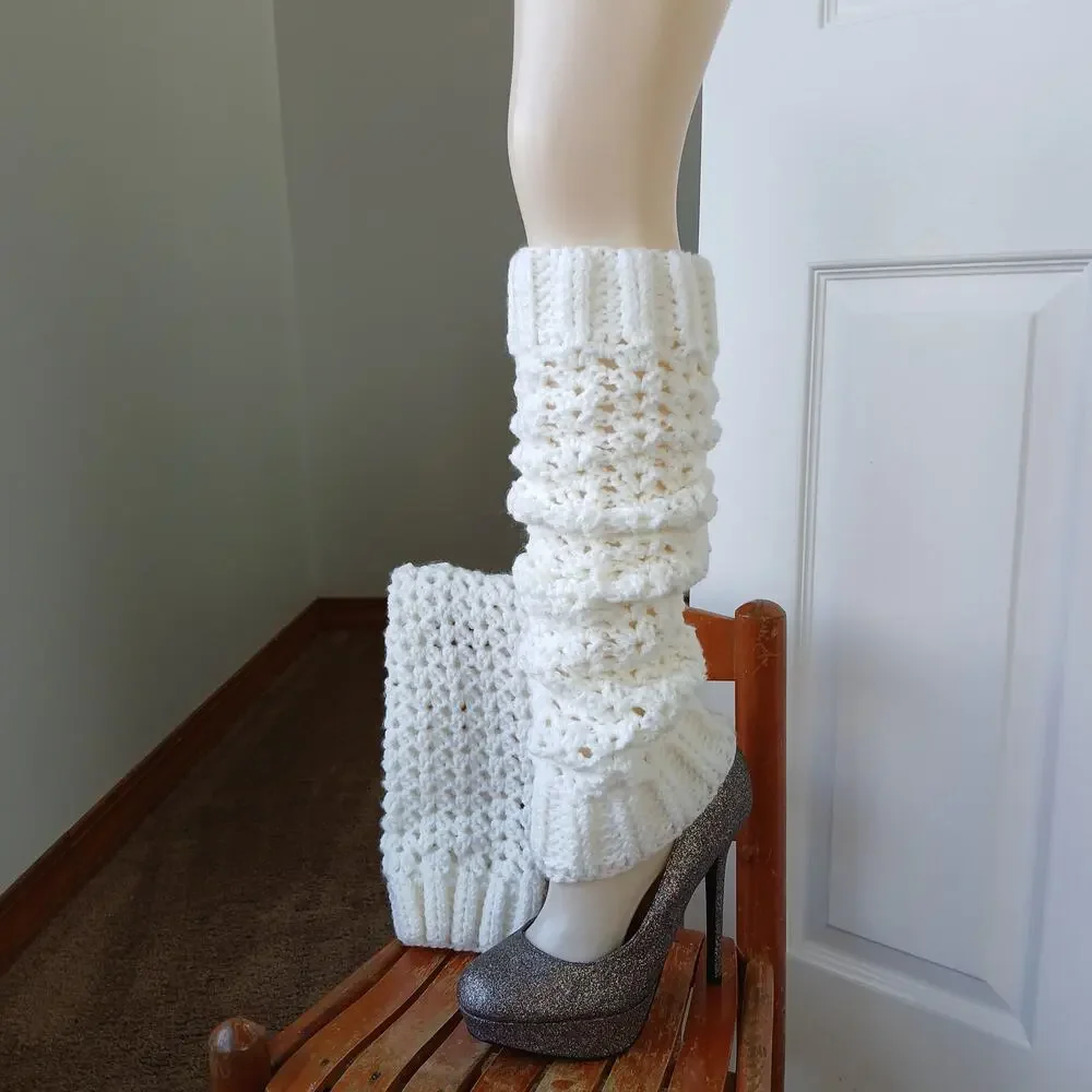 White Leg Warmers OSFM crochet warm thick chunky over the knee dance premade